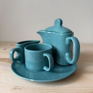 Vintage Turquoise Ceramic Mini Tea Coffee Set, 4 piece Pot, Creamer, Cup & Plate